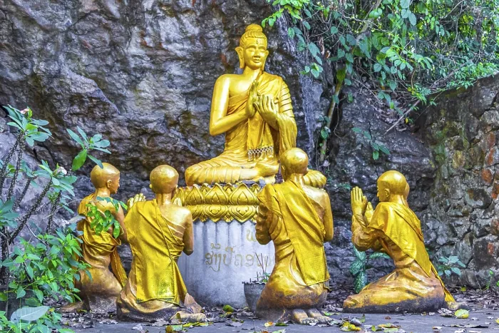 Framed Print : Golden buddha statues figures on the mountain Phousi Hill Framed Print : Golden buddha statues figures on the mountain Phousi Hill