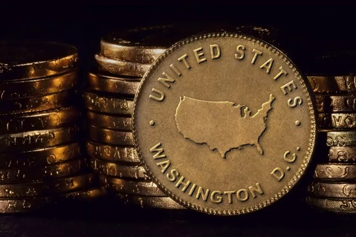 Framed Print : Golden Coin with Map of United States