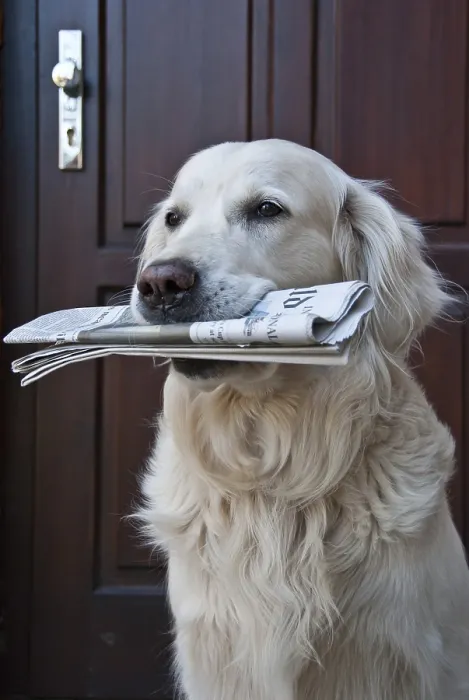 Framed Print : Golden retriever with a newspaper in front of a wooden door looking forward