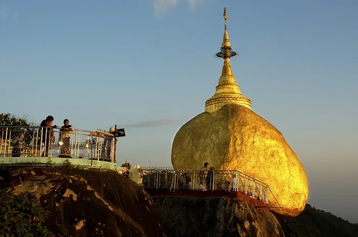 Framed Print : Golden Rock with stupa Kyaikhtiyo Pagoda Bago Burma