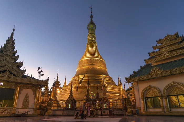 Framed Print : Golden Stupa at dusk, Buddhist pagoda Shwemokhtaw