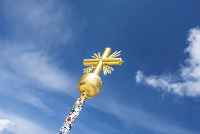 Framed Print : Golden summit cross on the summit of the Zugspitze