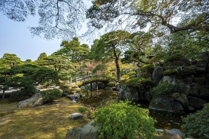 Framed Print : Gonaitei Garden with Dobashi Bridge over a pond Framed Print : Gonaitei Garden with Dobashi Bridge over a pond