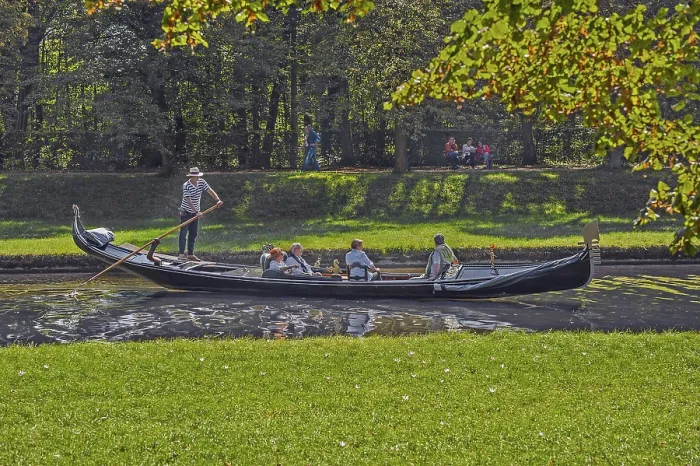 Framed Print : Gondola and visitors in Nymphenburg Palace Park Framed Print : Gondola and visitors in Nymphenburg Palace Park