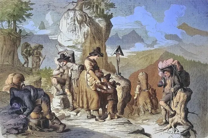 Framed Print : Goods carriers taking a break, on the way on an alpine pass in Tyrol in 1869