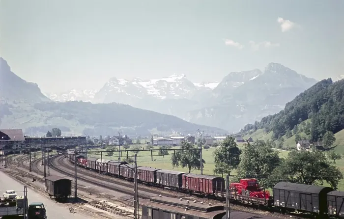 Framed Print : Goods train railway layout with a view of the mountains, probably Schwyz, Switzerland, Europe, 1959, Europe Framed Print : Goods train railway layout with a view of the mountains, probably Schwyz, Switzerland, Europe, 1959, Europe