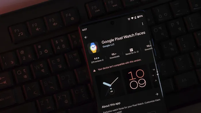 Framed Print : Google Pixel Watch Faces app displayed on a phone screen with a dark-themed keyboard background