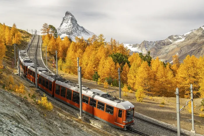 Framed Print : Gornergrat Railway Train, Matterhorn Mountain and Yellow Golden Larches in Autumn