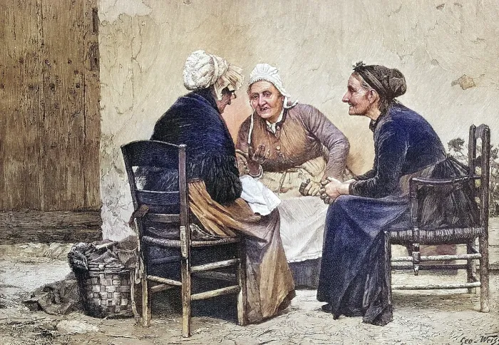 Framed Print : Gossips, three woman talk about the news in the village Framed Print : Gossips, three woman talk about the news in the village