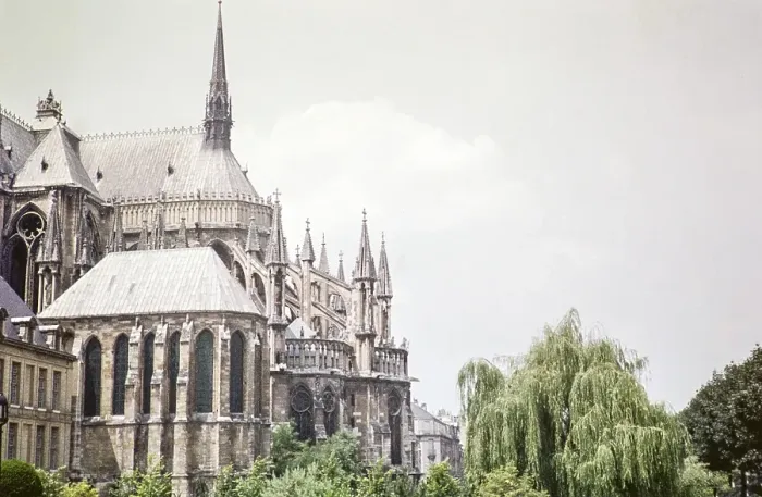 Framed Print : Gothic architecture of the cathedral church, Notre Dame de Reims Cathedral, Reims, Marne, Northern France, Europe 1961