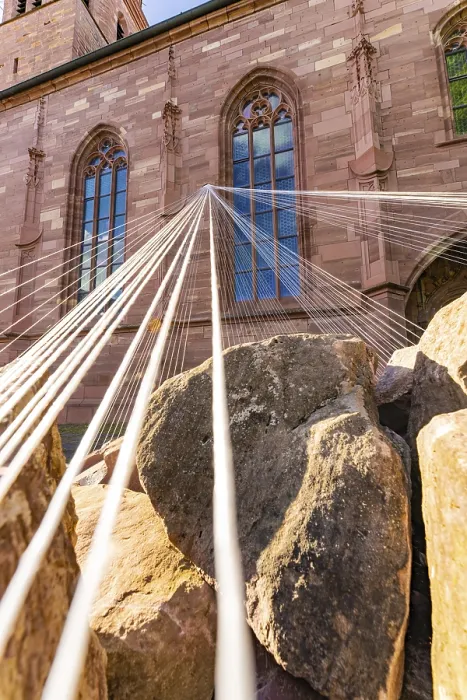 Framed Print : A Gothic church window with ropes in the foreground Framed Print : A Gothic church window with ropes in the foreground