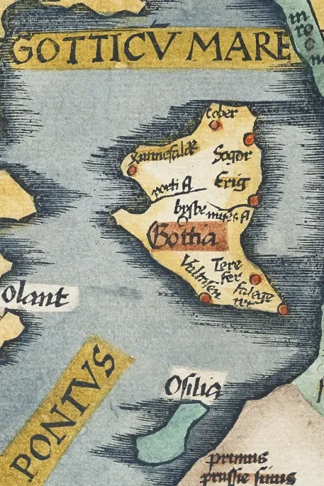 Framed Print : Gotland, detail from an antique historical map of Scandinavia Norbegia & Gottia by Lorenz Fries, Claudius Clavus and Martin Waldseemueller, old coloured woodcut, Strasbourg 1541