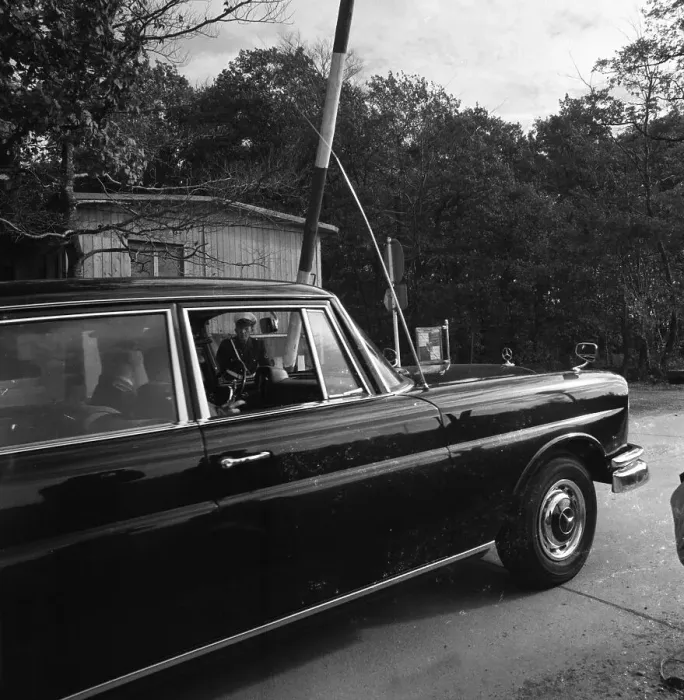 Framed Print : Government representatives with their vehicles in 1966 during a police check at the hitherto secret atomic bunker of