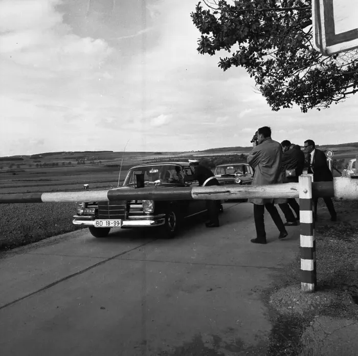 Framed Print : Government representatives with their vehicles in 1966 during a police check at the hitherto secret atomic bunker of Framed Print : Government representatives with their vehicles in 1966 during a police check at the hitherto secret atomic bunker of