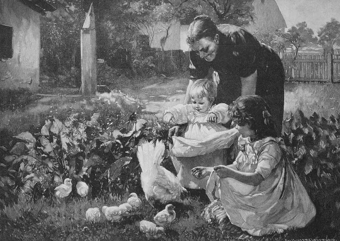 Framed Print : Grandmother showing the baby the freshly hatched chicks