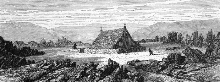 Framed Print : Grass-covered wooden church in Iceland, grass sod house, rocks, volcanic rock, volcanic landscape, hikers, geology, historical illustration 1888