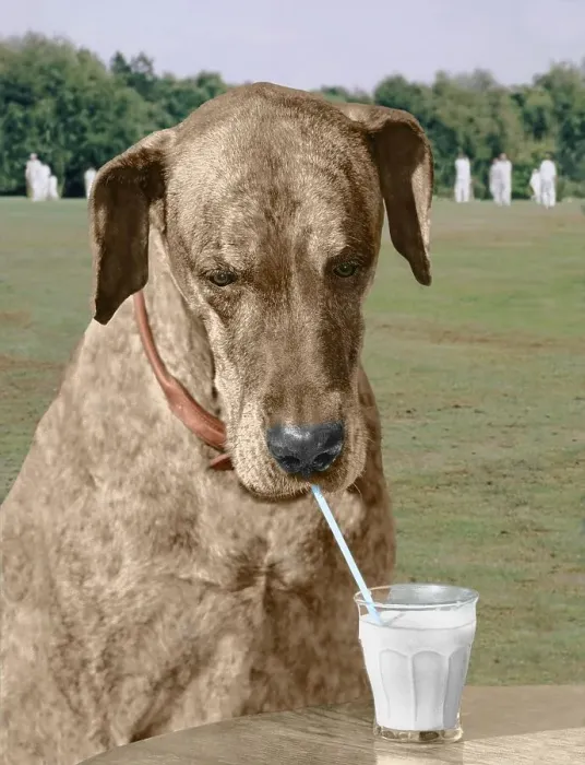 Framed Print : Great Dane drinks with straw, England