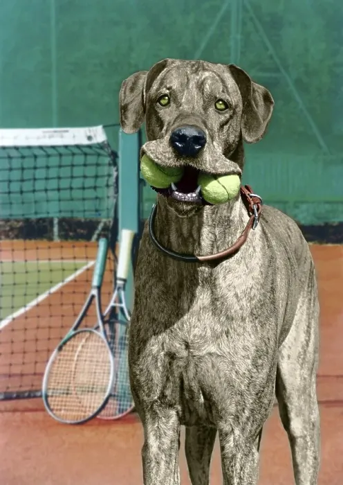 Framed Print : Great Dane with tennis balls, England