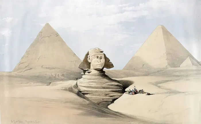 Framed Print : The Great Sphinx, the Pyramids of Giza, Egypt, around 1850, Historical, digitally restored reproduction from a 19th century original, exact date unknown, AI generated, Africa