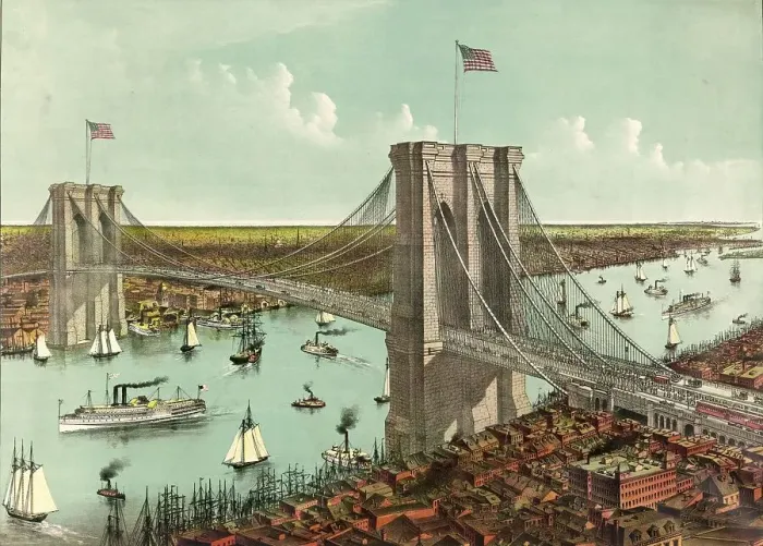 Framed Print : The great suspension bridge over the East River connects the cities of New York and Brooklyn