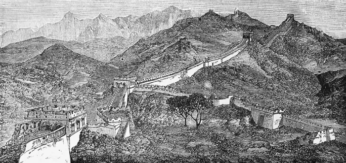 Framed Print : Great Wall of China, border defence system, built in the Ming Dynasty (1368-1644), some sections are UNESCO World Heritage Sites, watchtower, wall battlements, mountain landscape, travelling in Asia, China, historical illustration 1887, Asia