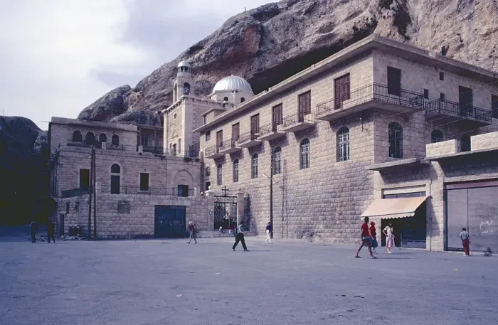 Framed Print : Greek-orthodox monastery Mar Thekla, oldest still existing monastery in the world, rock village Maalula, governorate Rif Dimaschq, Syria, May 1987, vintage, retro, old, historical, Asia