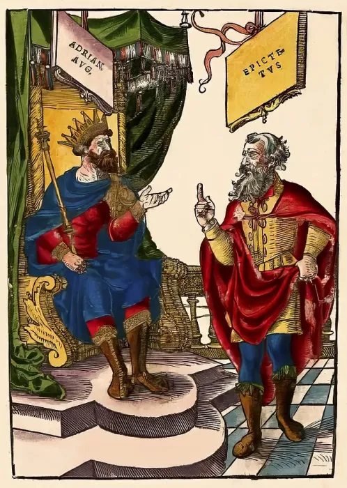 Framed Print : Greek Stoic philosopher Epictetus disputing with Roman emperor Hadrian or Publius Aelius Hadrianus Augustus, digitally edited