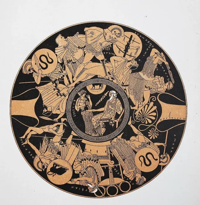 Framed Print : A Greek vase, outside it shows the final battle in Troy and in the round inside picture it represents the aged Peleus