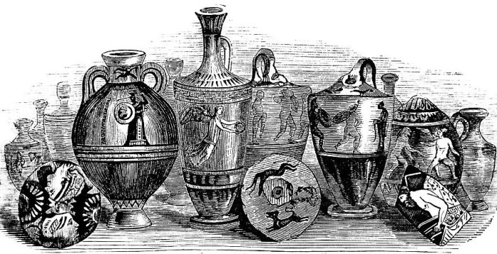 Framed Print : Greek vases and pottery, from archaeological excavations between Piraeus and Athens, street of tombs, decorations with depictions of humans and animals, some clay works turned on the potter's pane, history of mankind, Greece