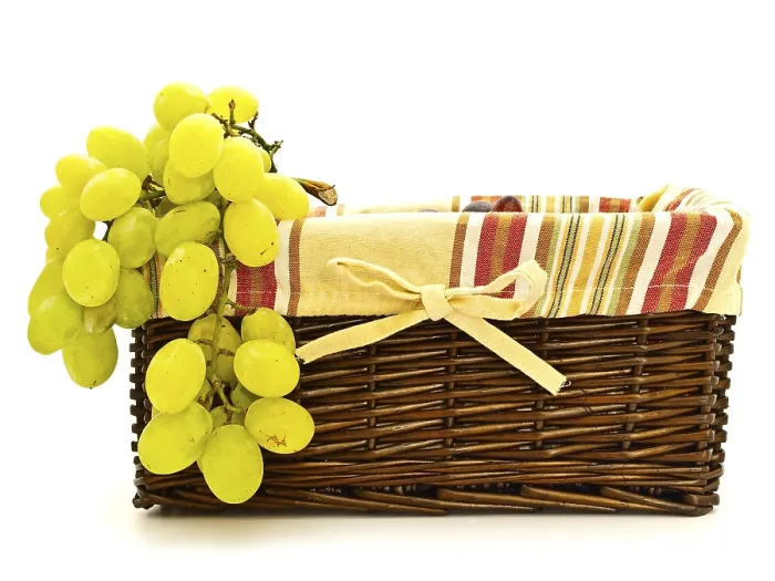 Framed Print : Green Grape In Handmade Basket For Food Against The White Background Framed Print : Green Grape In Handmade Basket For Food Against The White Background
