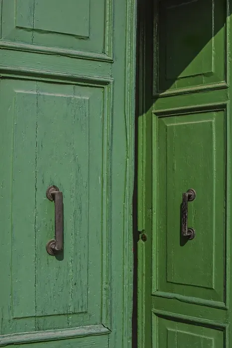 Framed Print : Green, half open, front door, Burano Framed Print : Green, half open, front door, Burano