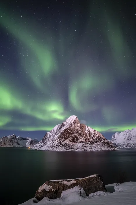 Framed Print : Green northern lights reflected in fjord