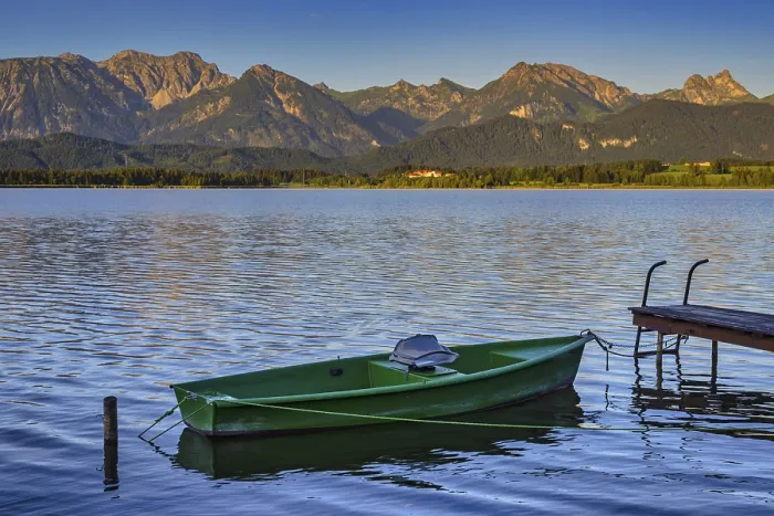 Framed Print : Green rowboat, lake Hopfensee, Hopfen am See