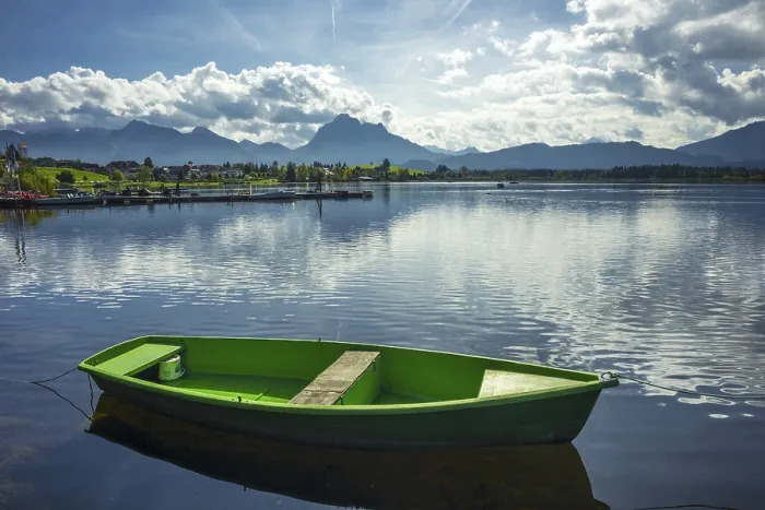 Framed Print : Green rowing boat, Hopfensee, Hopfen am See