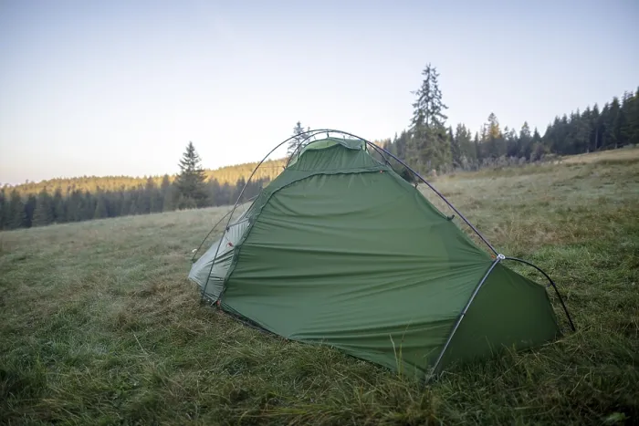 Framed Print : Green tent on a forest meadow in the morning light Framed Print : Green tent on a forest meadow in the morning light