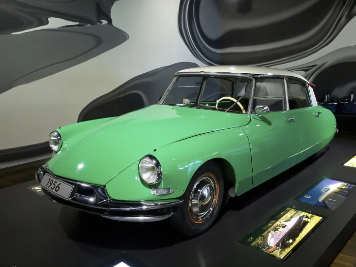 Framed Print : Green and white vintage car from 1956 in the museum