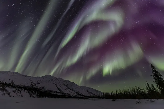 Framed Print : Green, yellow and purple northern lights (aurora borealis) over snowy mountains