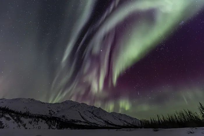 Framed Print : Green, yellow and purple northern lights (aurora borealis) over snowy mountains
