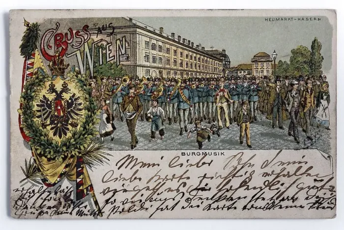 Framed Print : Greetings from Vienna, military band marching in front of Heumarkt barracks Framed Print : Greetings from Vienna, military band marching in front of Heumarkt barracks