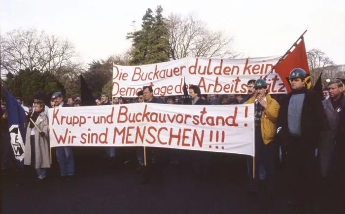 Framed Print : Grevenbroich. Protest by workers and employees of the Buckau company out of concern for jobs ca Framed Print : Grevenbroich. Protest by workers and employees of the Buckau company out of concern for jobs ca