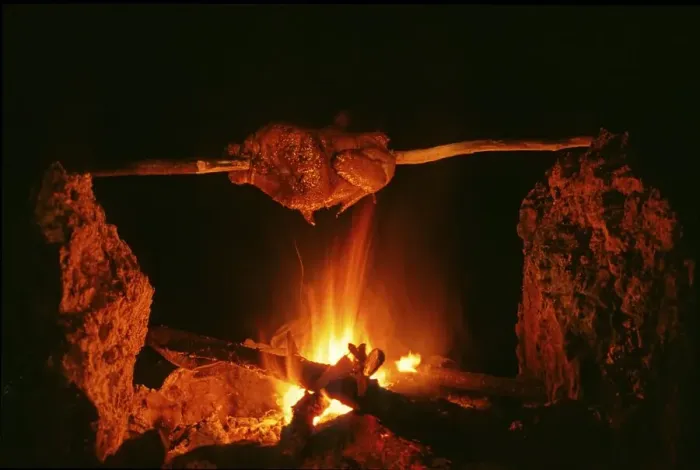 Framed Print : Grilled chicken on wooden skewer Fireplace