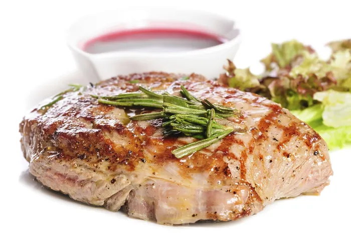 Framed Print : Grilled pork steaks with raspberry sauce Framed Print : Grilled pork steaks with raspberry sauce