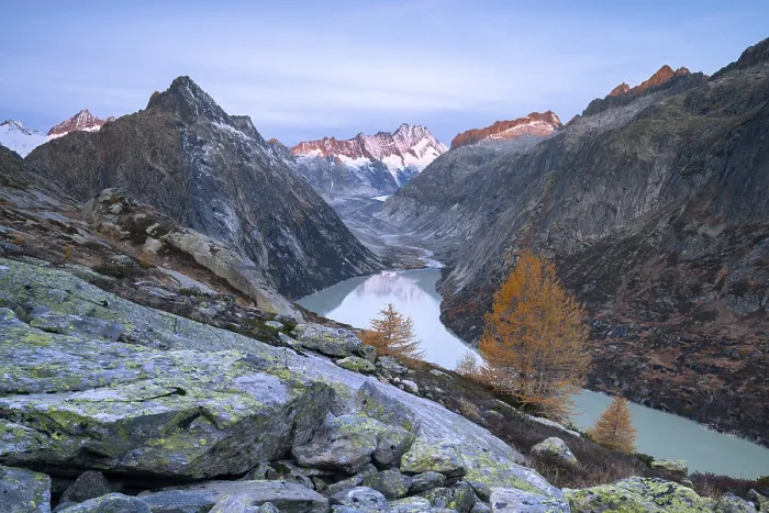 Framed Print : Grimsel lake with peaks of the Bernese Oberland