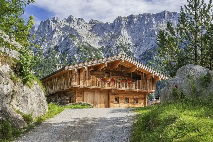 Framed Print : Groeblalm mountain hut with Karwendel mountains Framed Print : Groeblalm mountain hut with Karwendel mountains