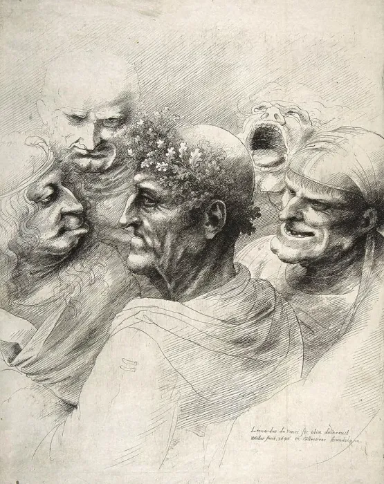 Framed Print : Five grotesque heads, including an elderly man with an oak leaf wreath