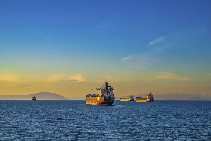 Framed Print : A group of four cargo freighters floating at anchor outside of Nanaimo harbour
