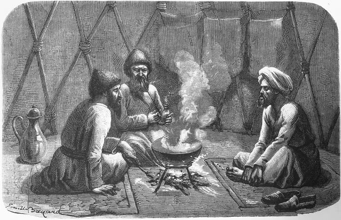 Framed Print : Group of the Central Asian Turkic people, Turkmen sitting in a tent, three native men with full beards, open fire for warmth, carpet, smoking pipe, robe, shoes, cap, pot, travelling in Asia, Central Asia, historical illustration 1887