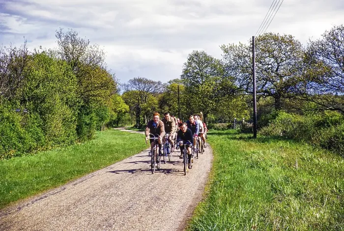 Framed Print : Group of cyclists on a country road, probably in Kent, England, UK 1956 Framed Print : Group of cyclists on a country road, probably in Kent, England, UK 1956