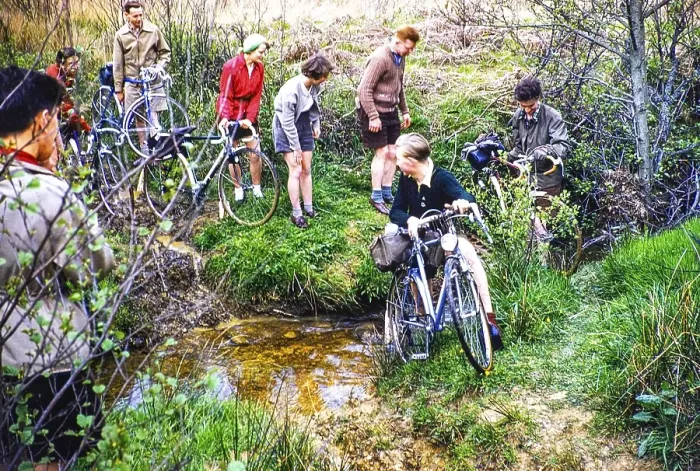 Framed Print : A group of cyclists cross a small river on their bicycles, probably in Kent, England, UK 1956 Framed Print : A group of cyclists cross a small river on their bicycles, probably in Kent, England, UK 1956