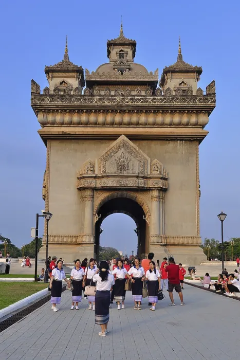 Framed Print : Group of girls in front of the Patuxai
